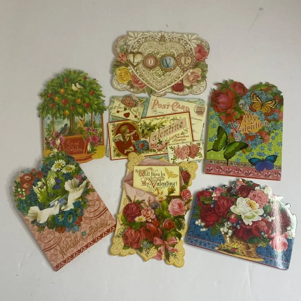Punch Studio Victorian Valentine Cards Envelopes Lot Cats Dogs Cherubs‎ Flowers